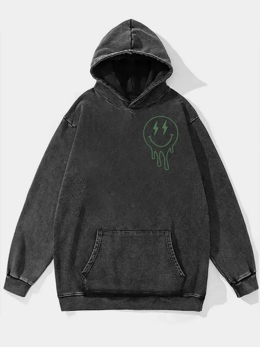 Distressed Washed Smiley Face Lightning Bolt Graphic Hoodie