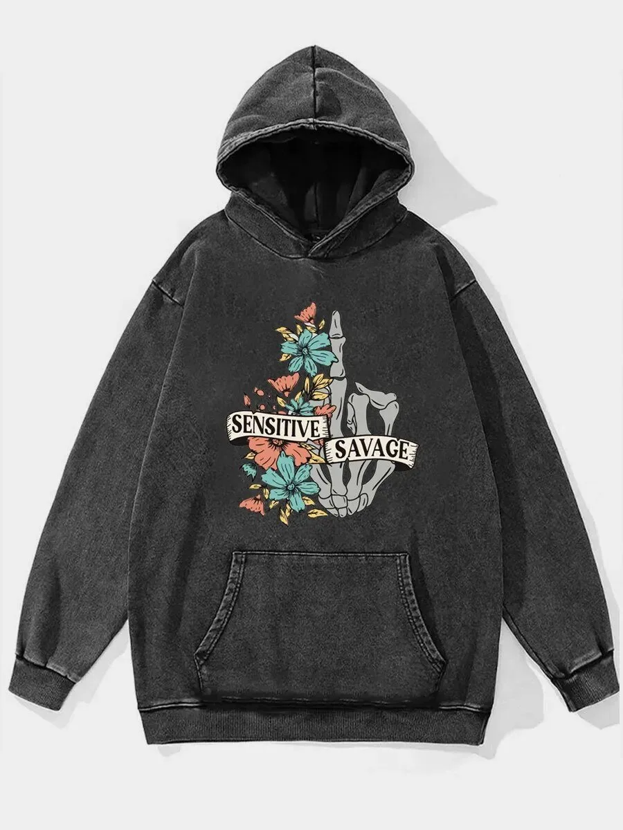 Sensitive Savage Skeleton Middle Finger Floral Design Washed Hoodie