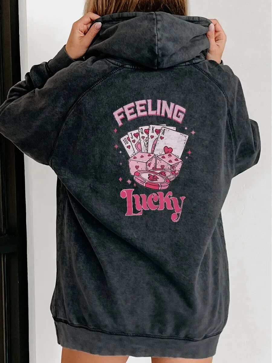 Feeling Lucky Playing Cards and Dice Washed Black Hoodie for Women