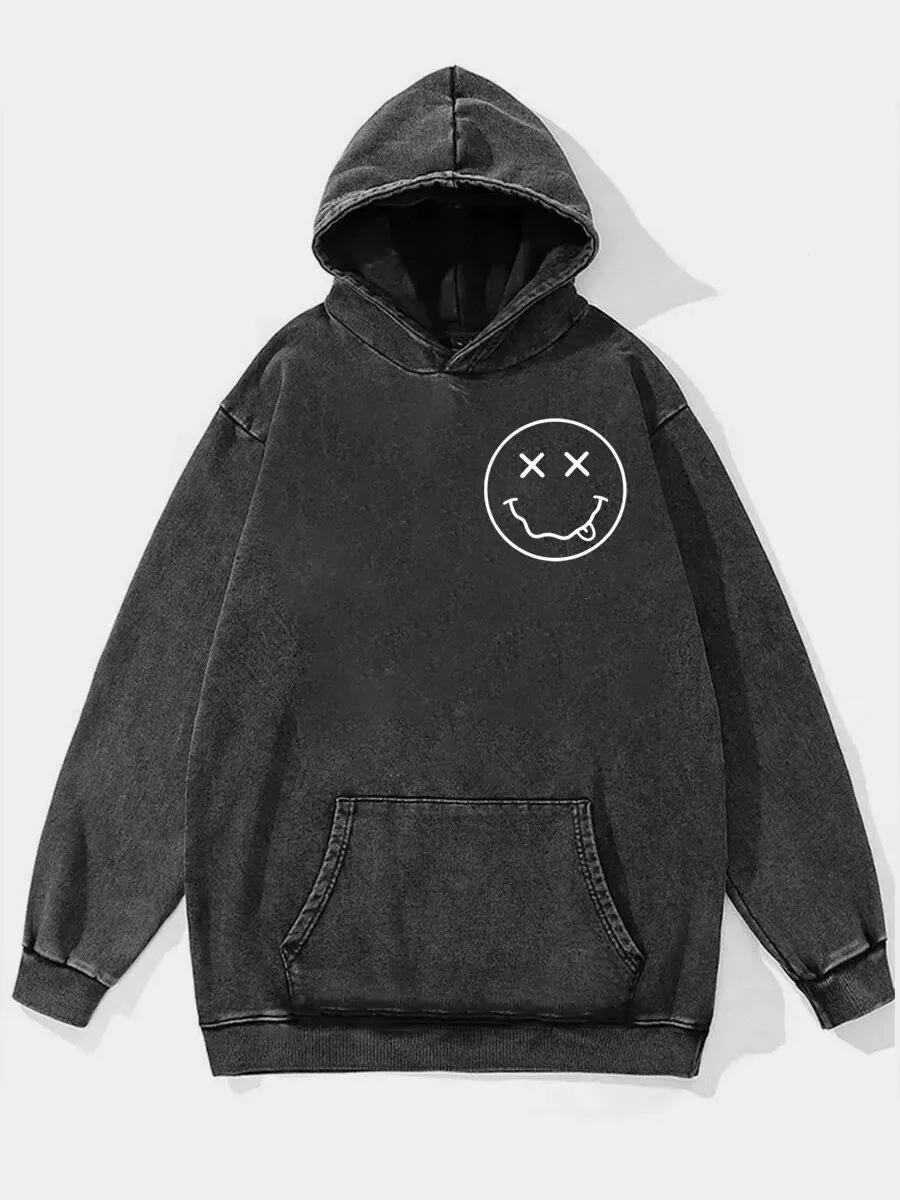 Distressed Black Smiley Face Graphic Washed Hoodie with Front Pocket