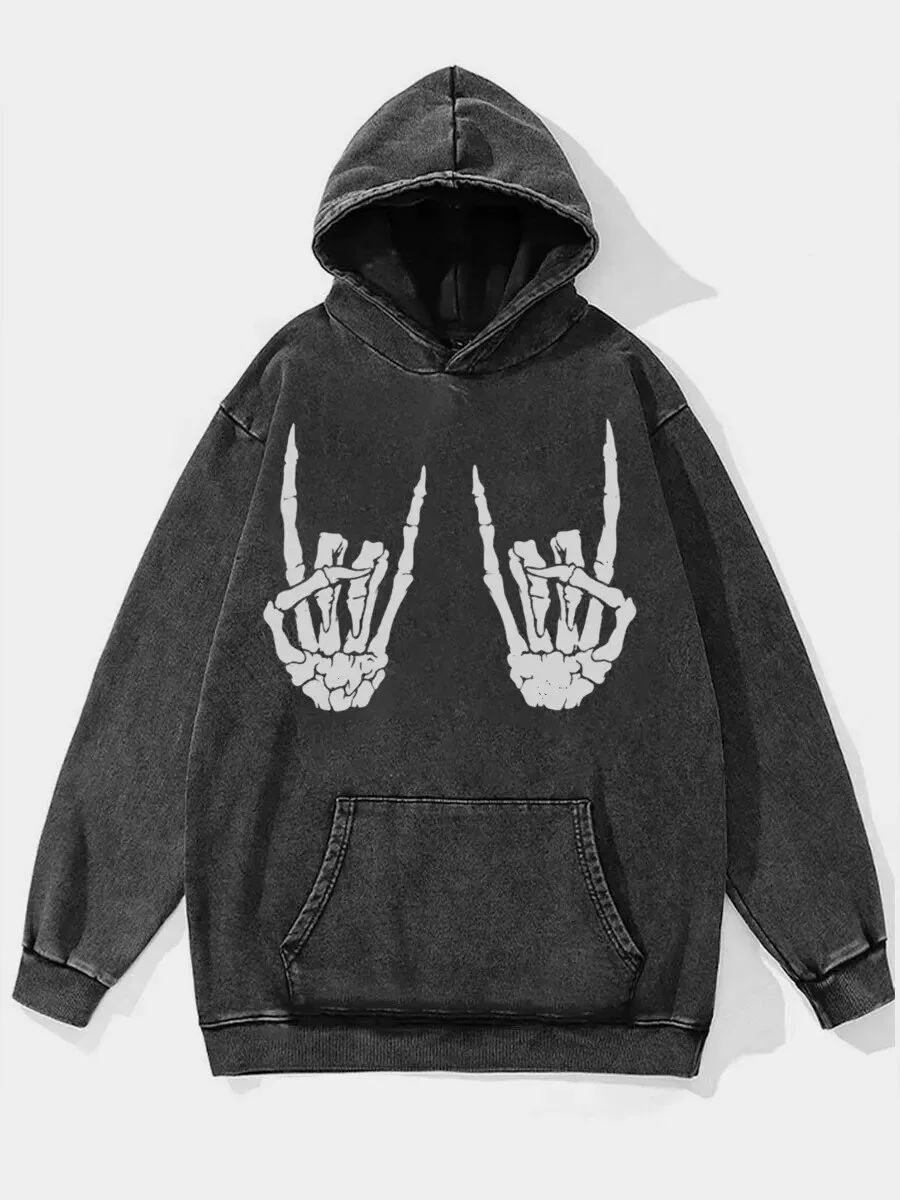 Rock and Roll Skeleton Hands Washed Black Oversized Hoodie for Men and Women