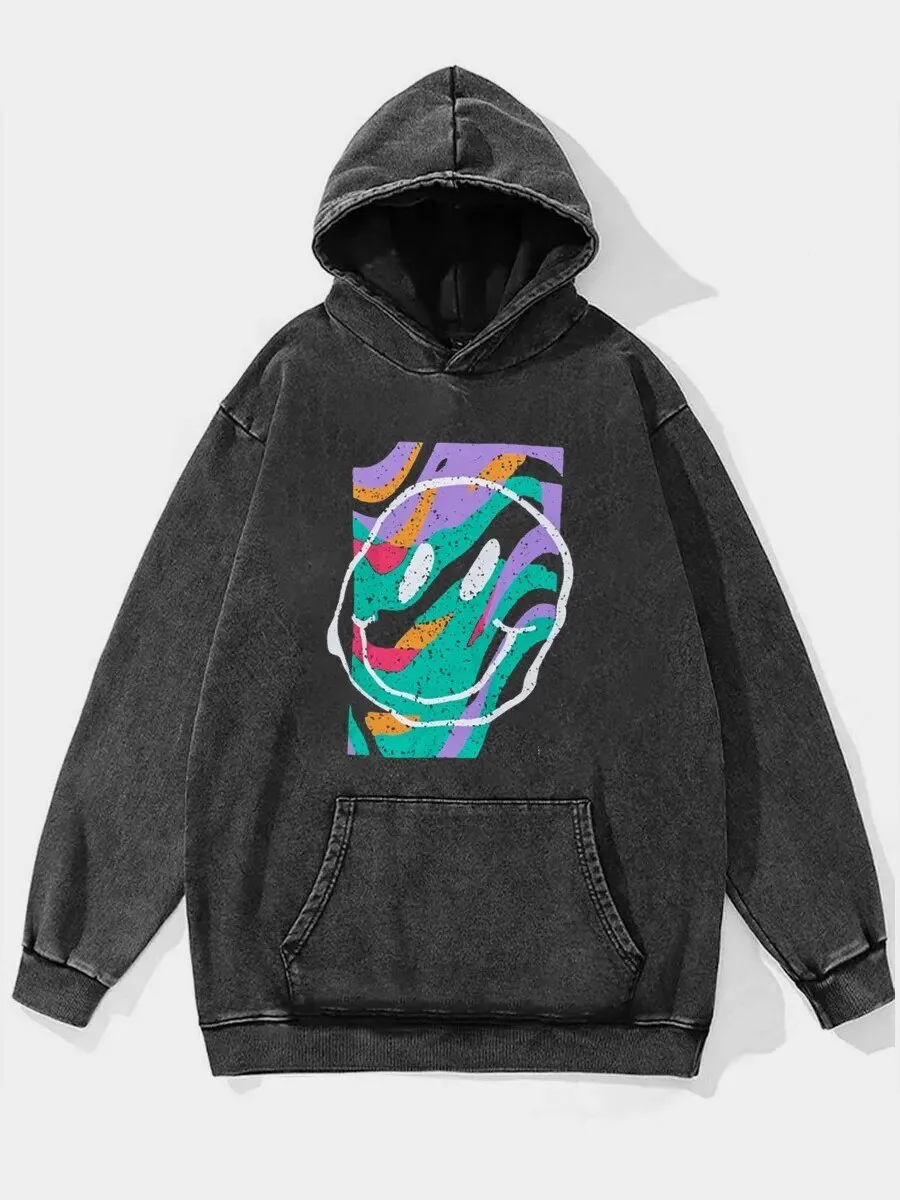 Retro Swirl Happy Face Graphic Oversized Washed Hoodie