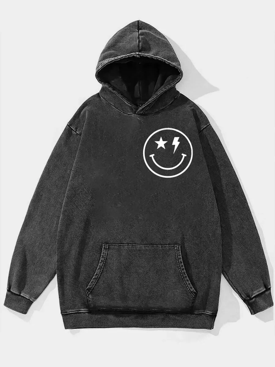 Distressed Black Smiley Face Lightning Bolt Graphic Hoodie
