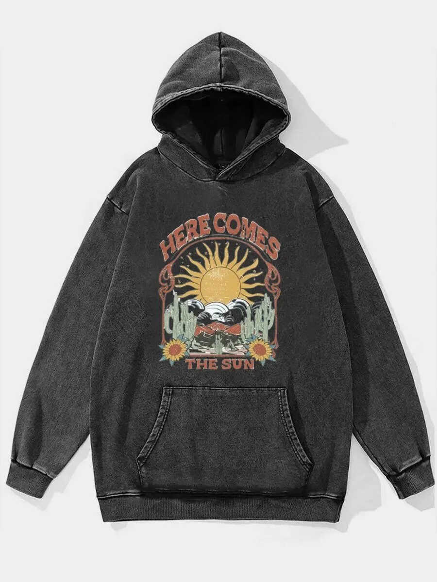Here Comes The Sun Vintage Washed Desert Scene Graphic Hoodie