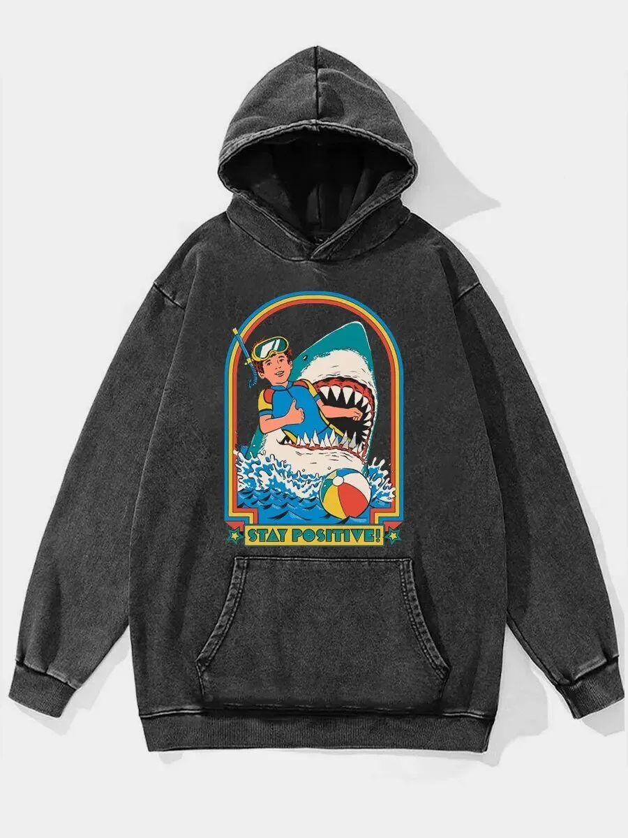 Stay Positive Shark Attack Retro Rainbow Washed Black Hoodie