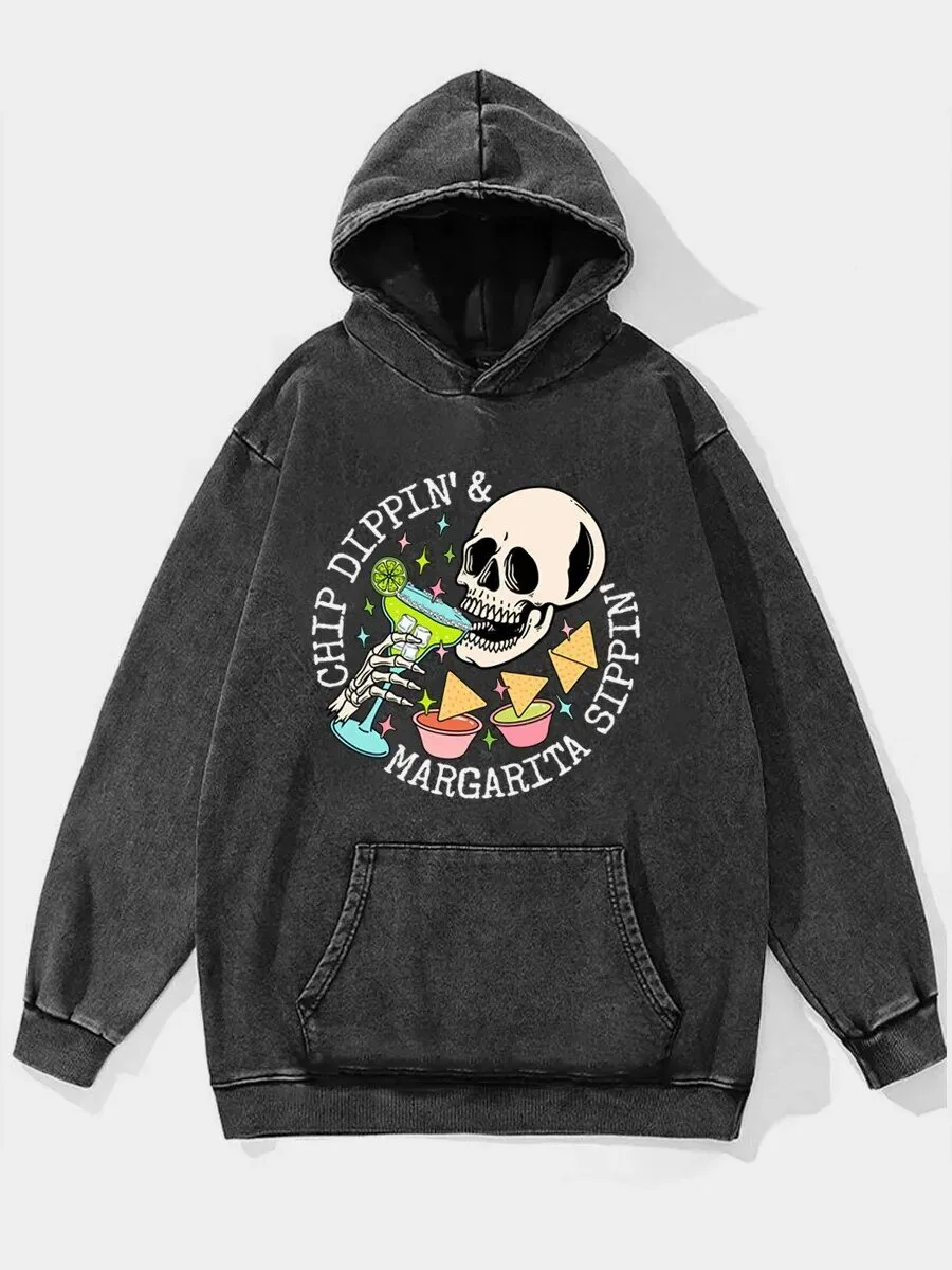 Chip Dipping and Margarita Sipping Skeleton Skull Washed Hoodie