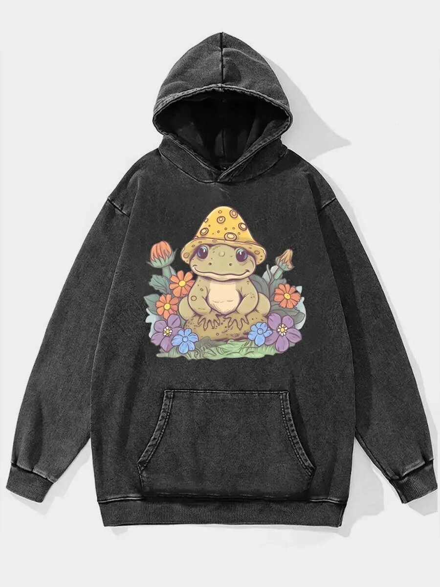 Cute Frog Wearing Mushroom Hat Surrounded by Flowers Vintage Washed Hoodie