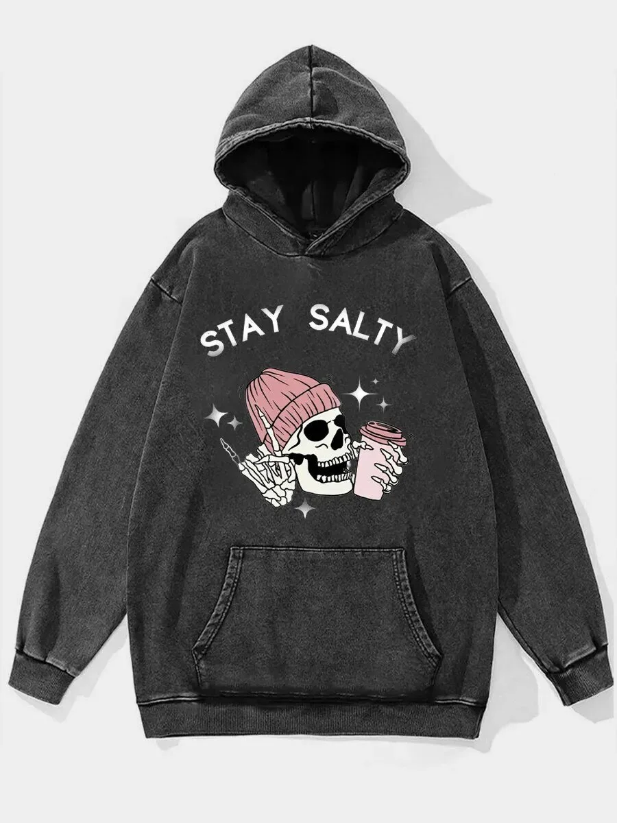 Stay Salty Skull with Coffee Cup and Beanie Hat Washed Hoodie