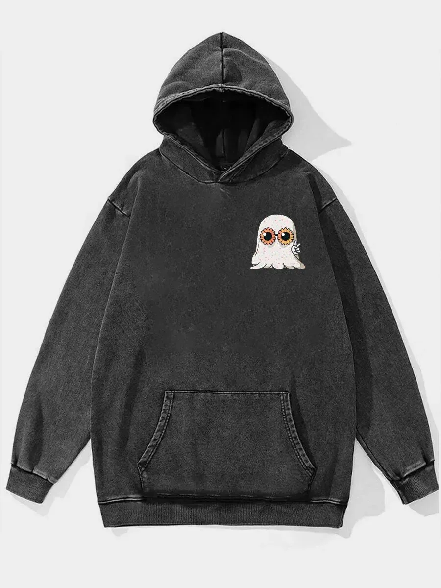 Cute Ghost Trick or Treat Halloween Graphic Print Washed Hoodie