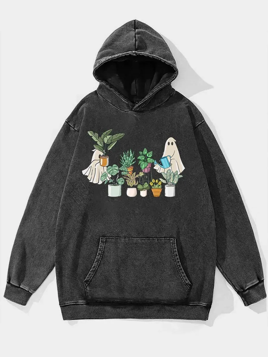 Cute Ghost Plant Lady Watering Potted Plants Washed Black Hoodie