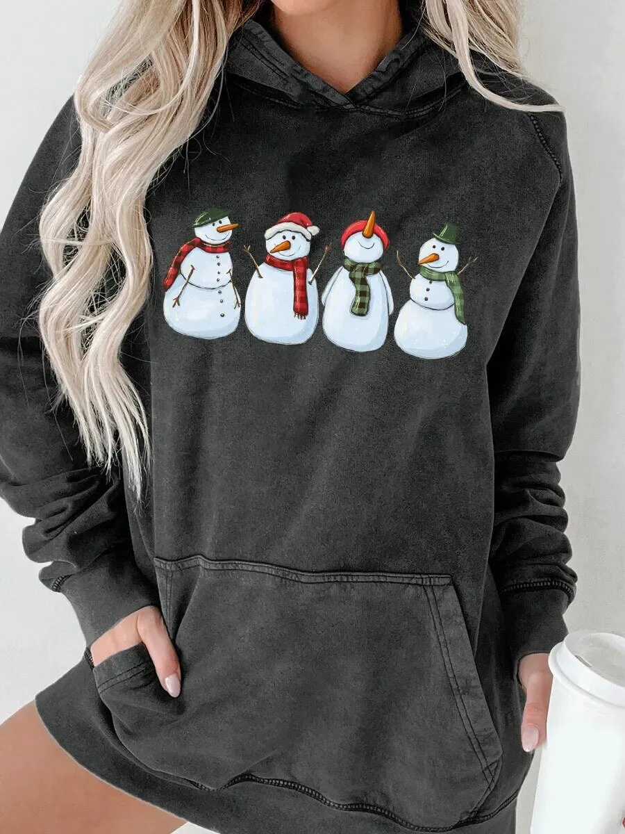 Cute Snowman Family Christmas Holiday Washed Black Hoodie