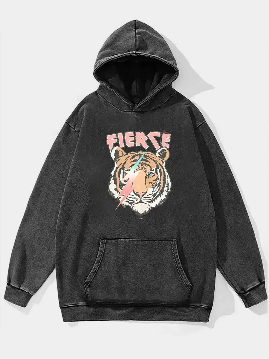 Fierce Tiger Lightning Bolt Graphic Vintage Washed Oversized Hoodie