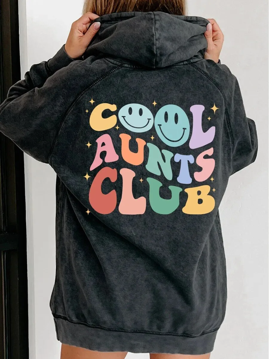 Cool Aunts Club Retro Smiley Face Washed Black Hoodie for Women
