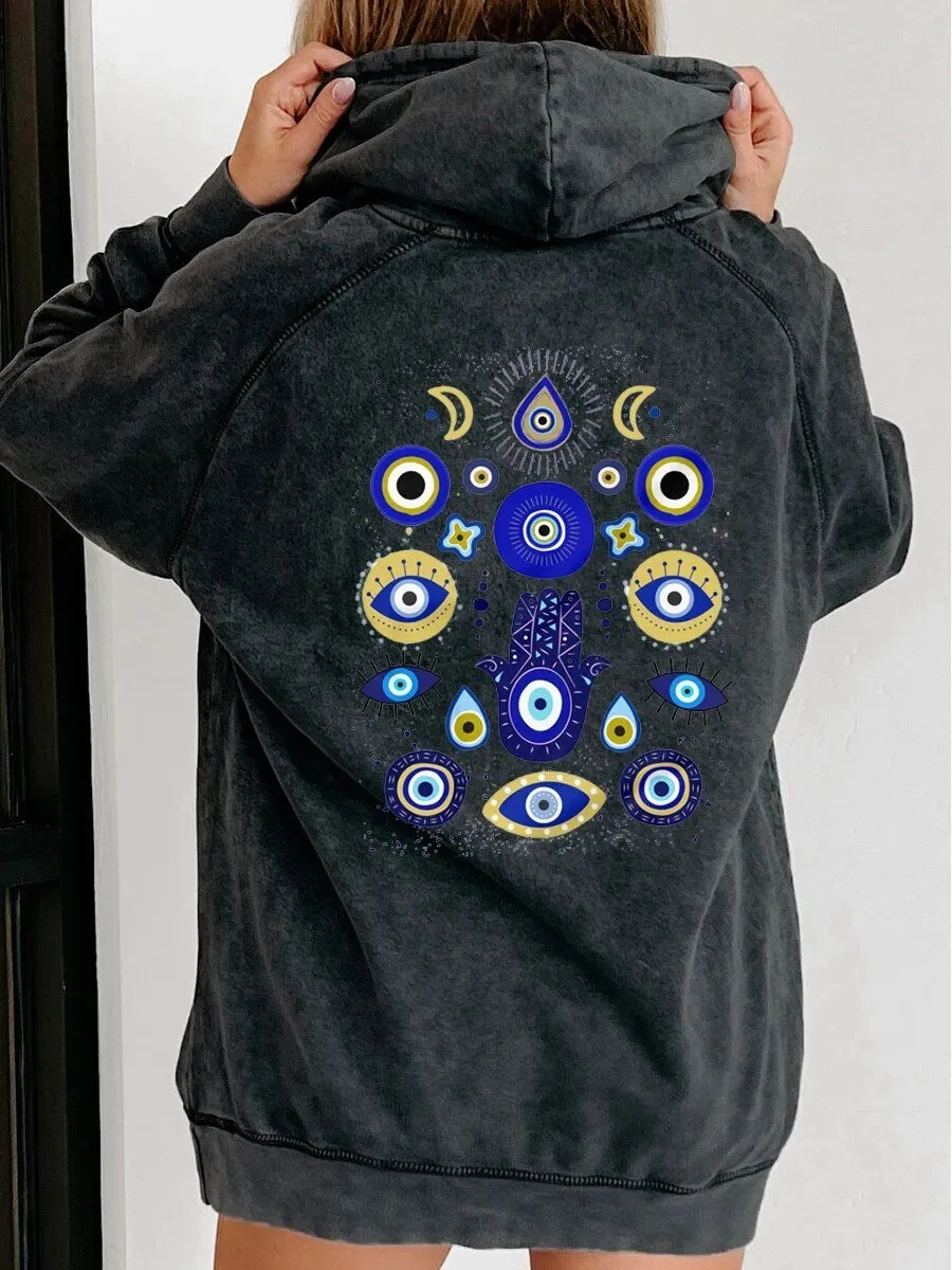 Evil Eye Hamsa Hand Moon and Stars Mystical Washed Hoodie