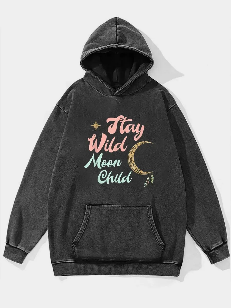 Stay Wild Moon Child Bohemian Style Washed Black Hoodie