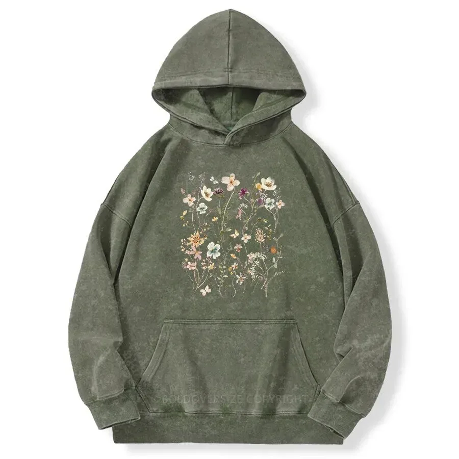 Vintage Wildflowers Cottagecore Washed Hoodie with Botanical Floral Design