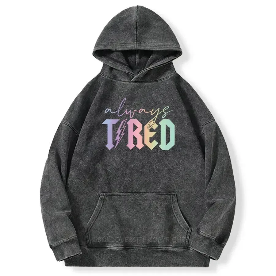 Always Tired Rainbow Lightning Bolt Washed Hoodie with Front Pocket