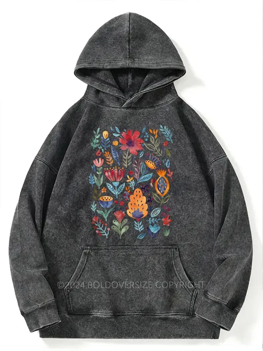 Vintage Wildflower Floral Pattern Washed Hoodie for Women