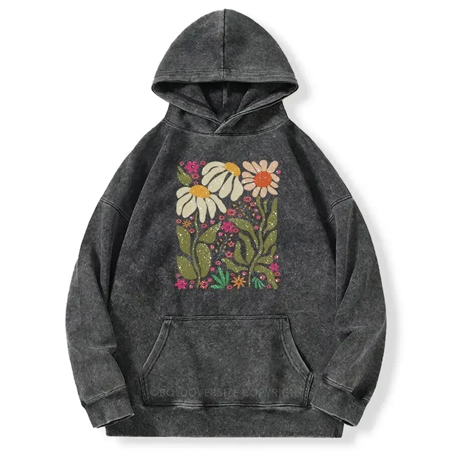 Vintage Hippie Flower Power Washed Gray Oversized Hoodie with Floral Design