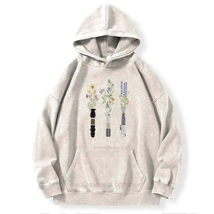 Vintage Floral Lightsaber Design Washed Pullover Hoodie for Women