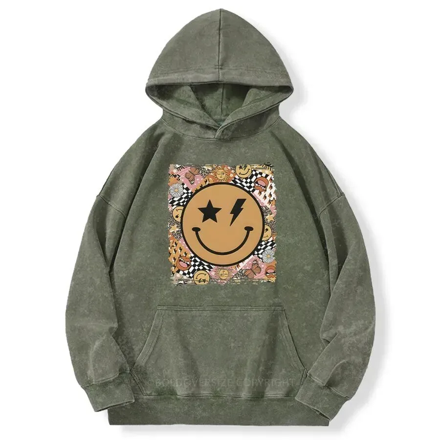 Vintage Smiley Face Lightning Bolt Checkered Pattern Washed Hoodie