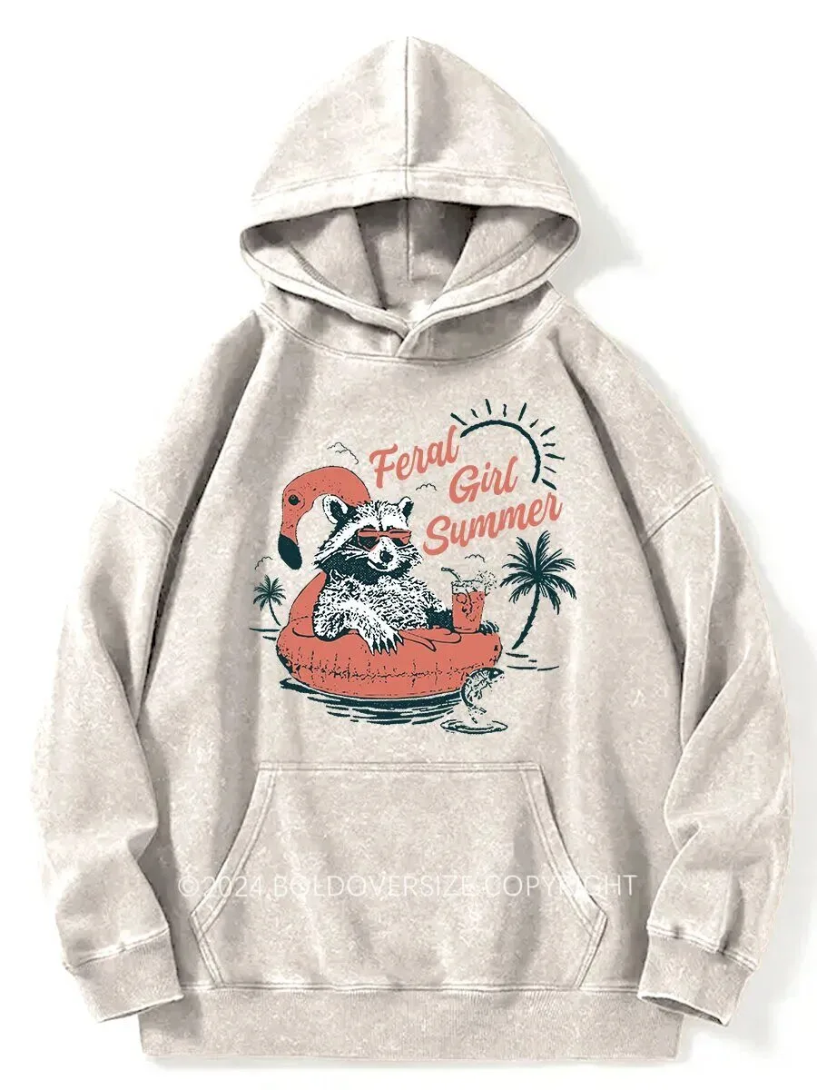 Feral Girl Summer Raccoon Flamingo Float Relaxing Washed Hoodie